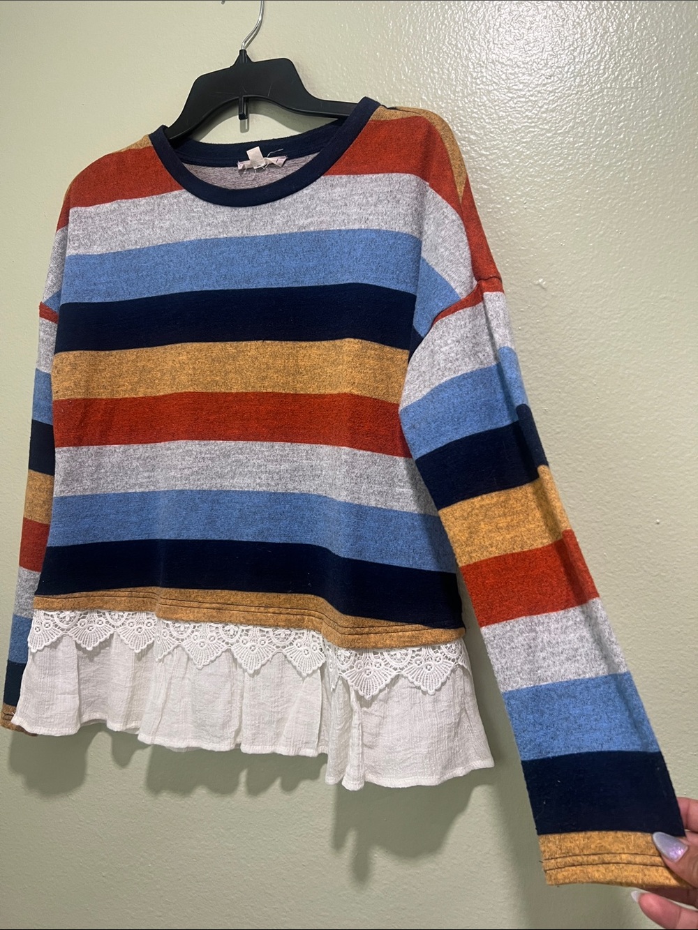 Striped Lace-Hem Sweater Top in Red, Light Blue, Navy & Mustard